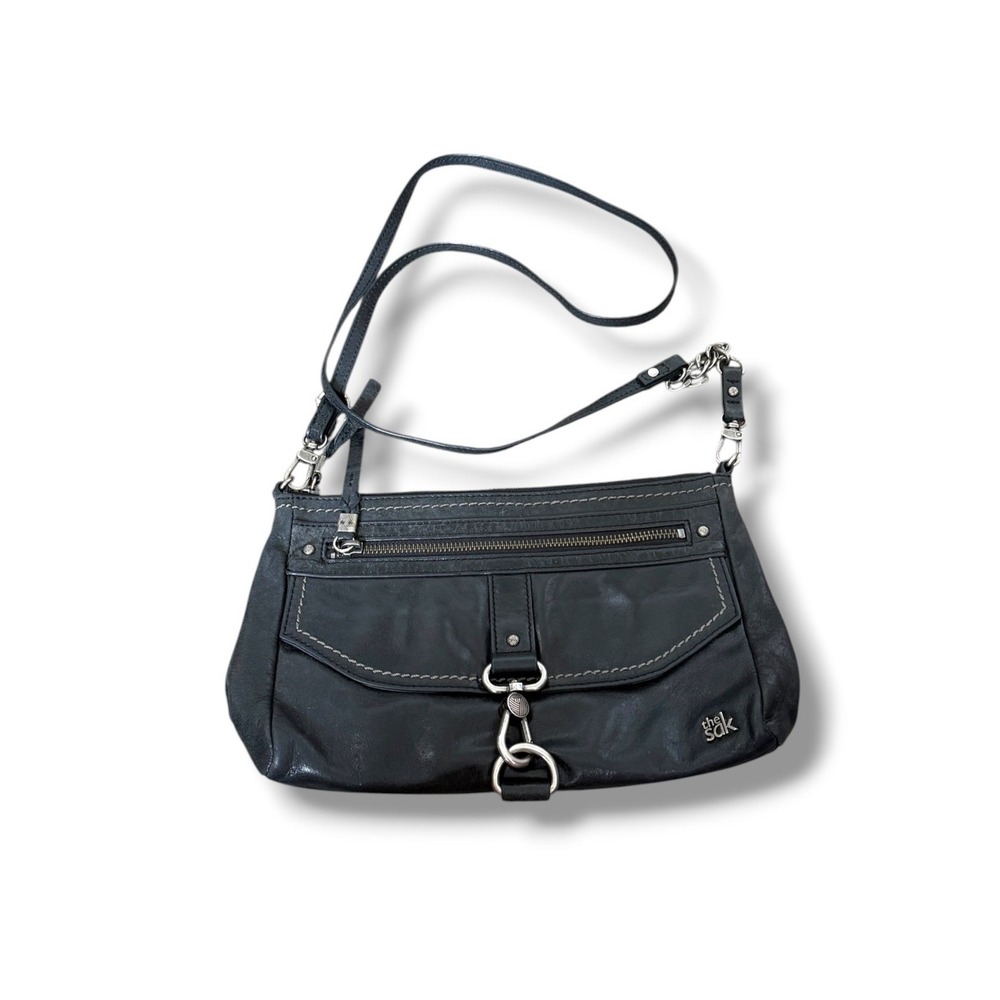 The Sak Black Leather Crossbody Bag Womens Medium Boho Silver Hardware Zip Flap
